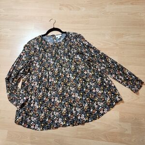 J. Jill Shirred Floral Long Sleeve Blouse Top Black Brown Pink Floral Paisley MP